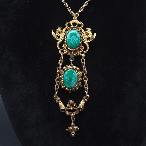 Green Mottled Glass Necklace Dragons Gold Tone Vintage Statement - Picture 6 of 10